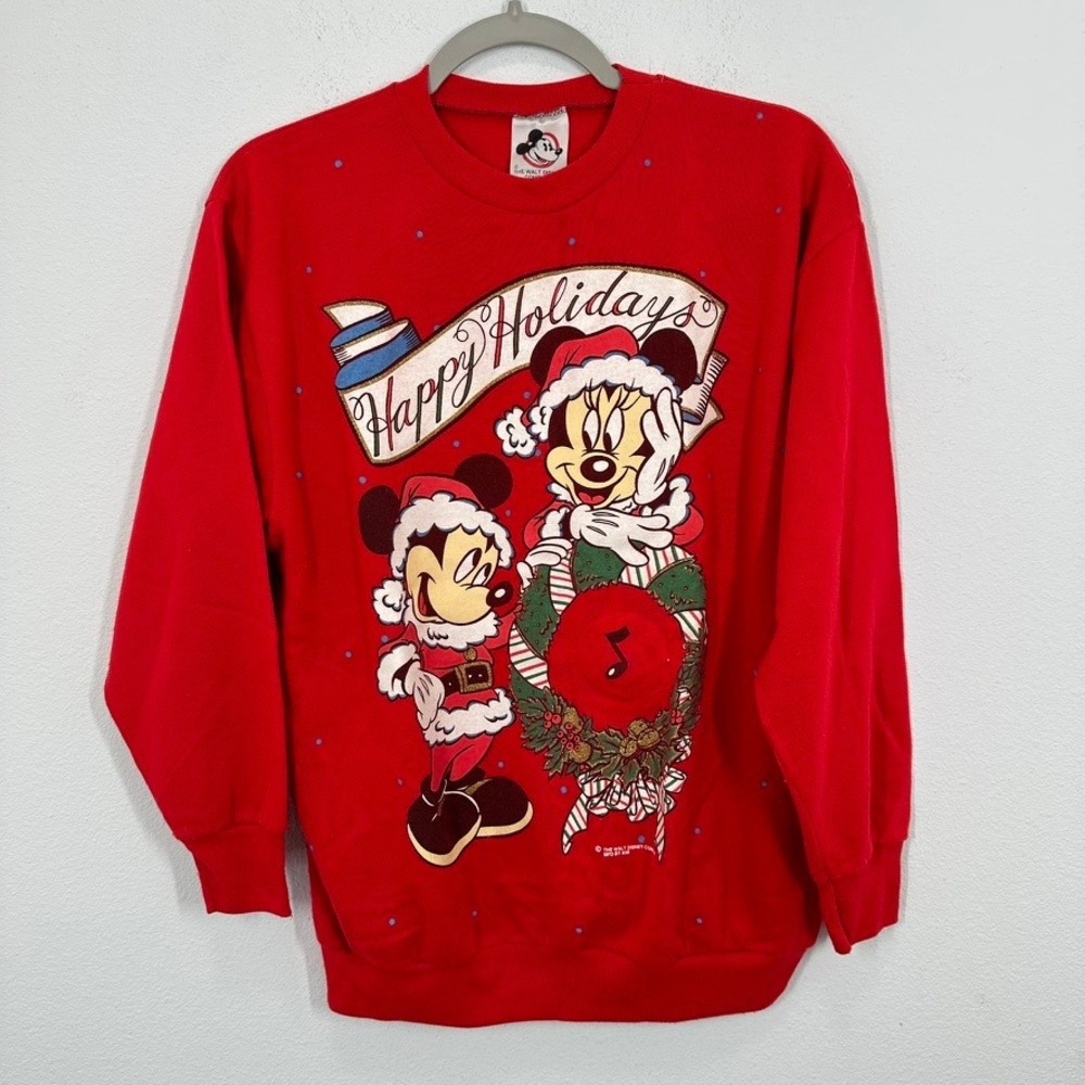 Disney Mickey Minnie Mouse Happy Holidays Christmas Sweatshirt Adult Medium Red - Picture 2 of 8